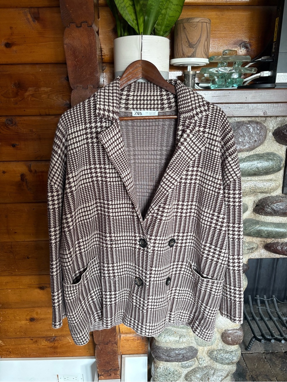 Zara Houndstooth Thick Sweater Jacey Blazer Brown Cream Knit Size M
